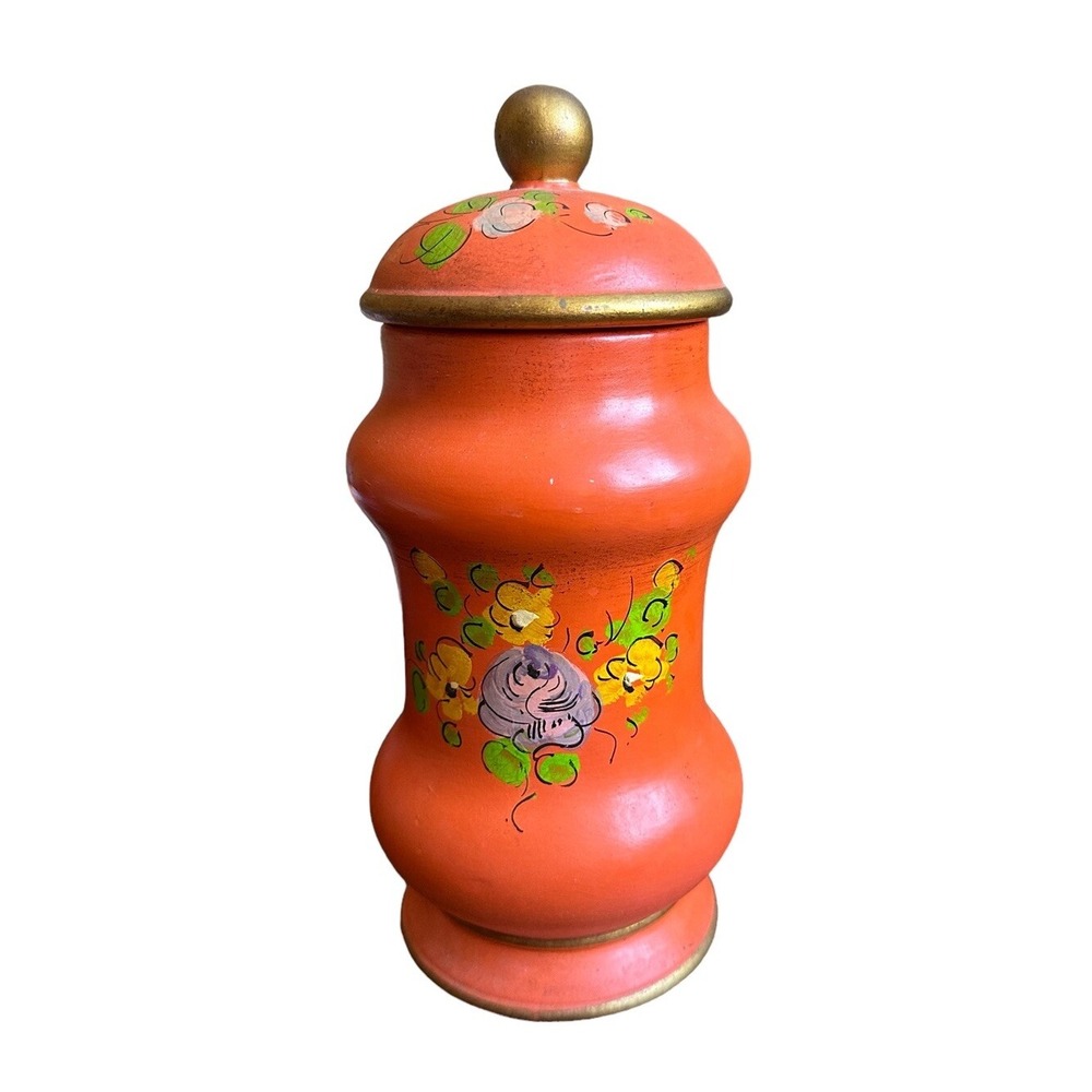 Italian Art Pottery Vase Hand Painted Orange Floral Gold Matte Mid‎ Century